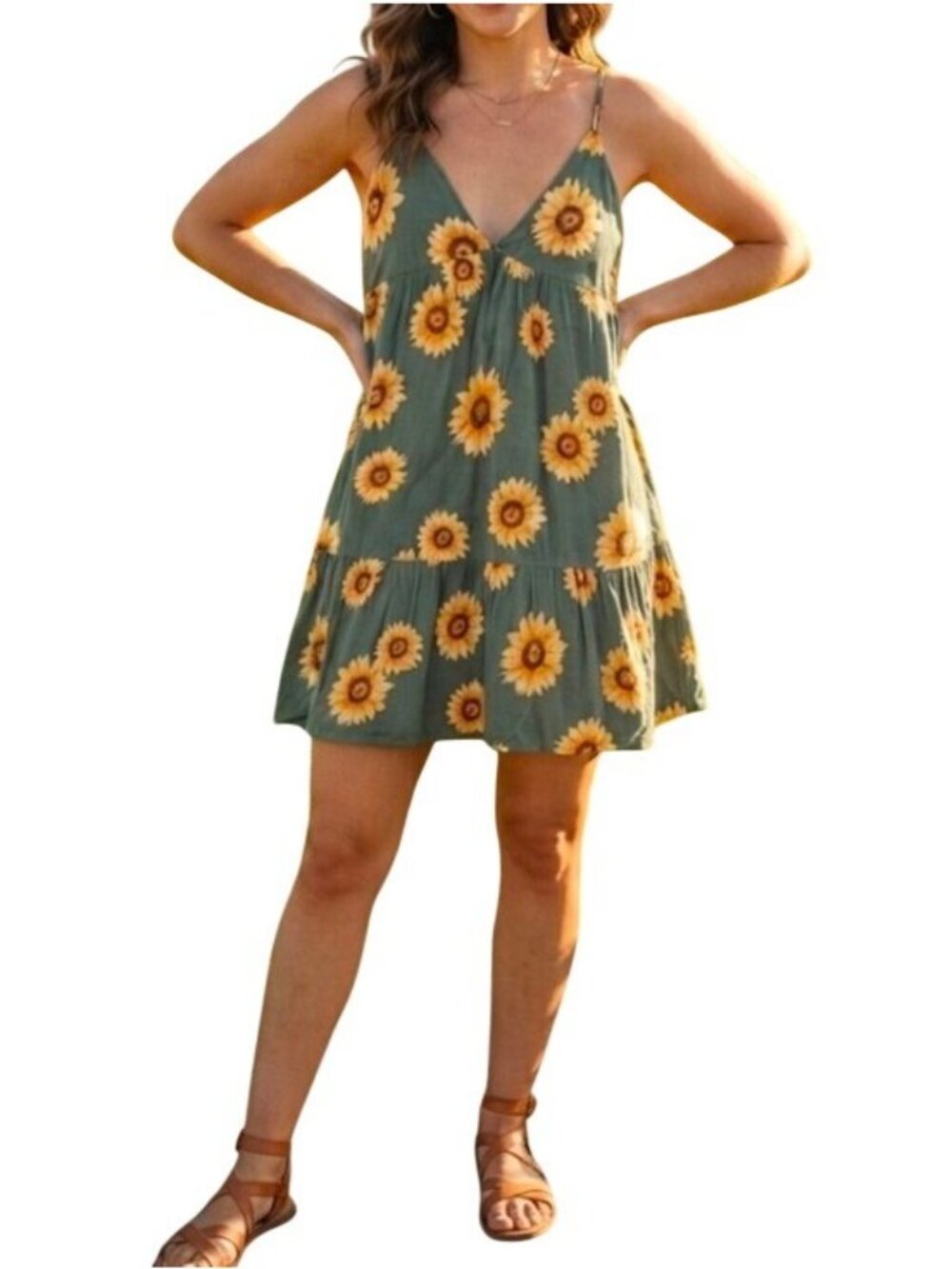 Becool Sunflower Print V-Neck Spaghetti Strap Dress Size Small